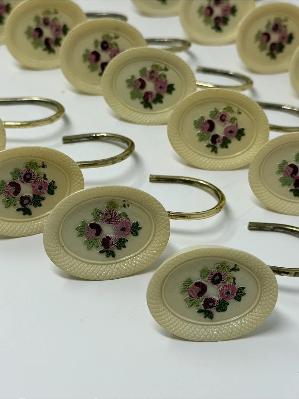 Vintage Grandma-core 23 Shower Hooks, Soap Dish Cream with Roses Lot Shabby Chic
